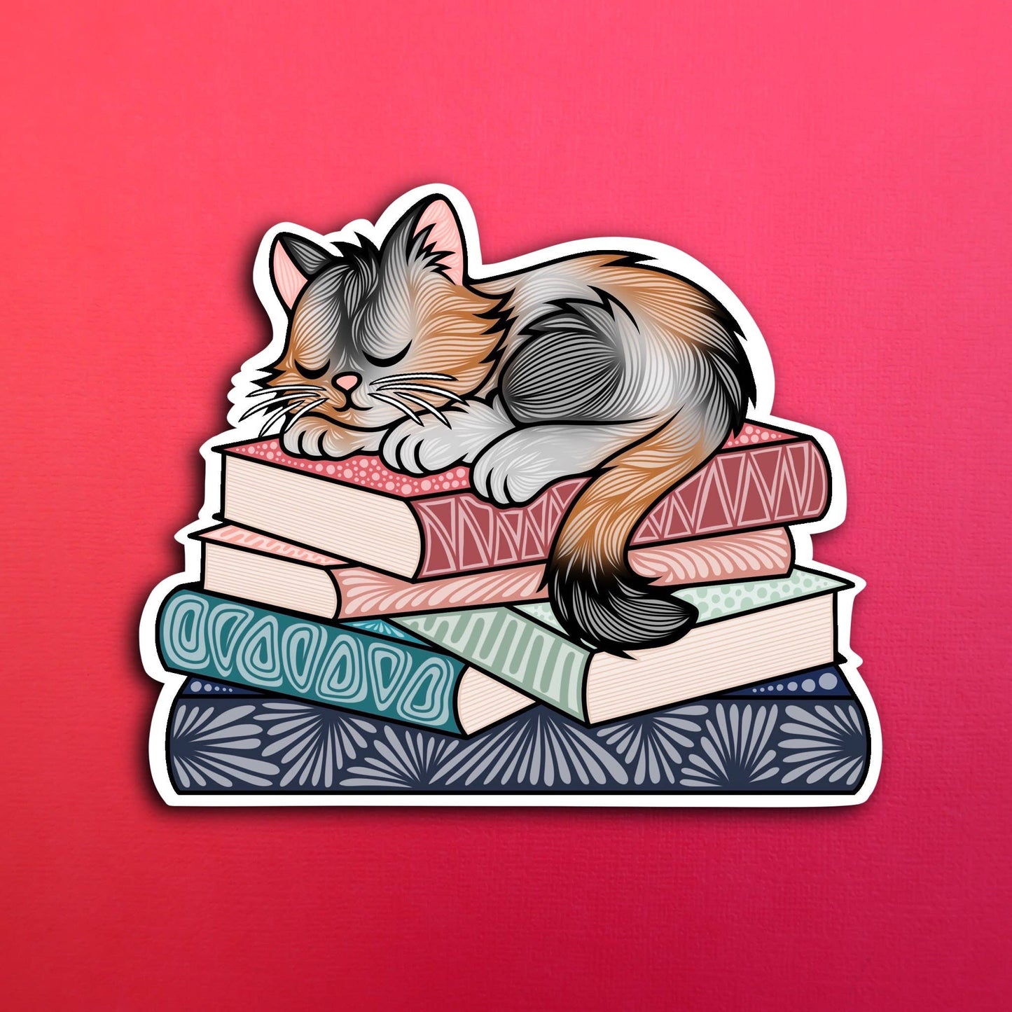 Sleepy Orange Black and White Calico Cat Book Waterproof Sticker