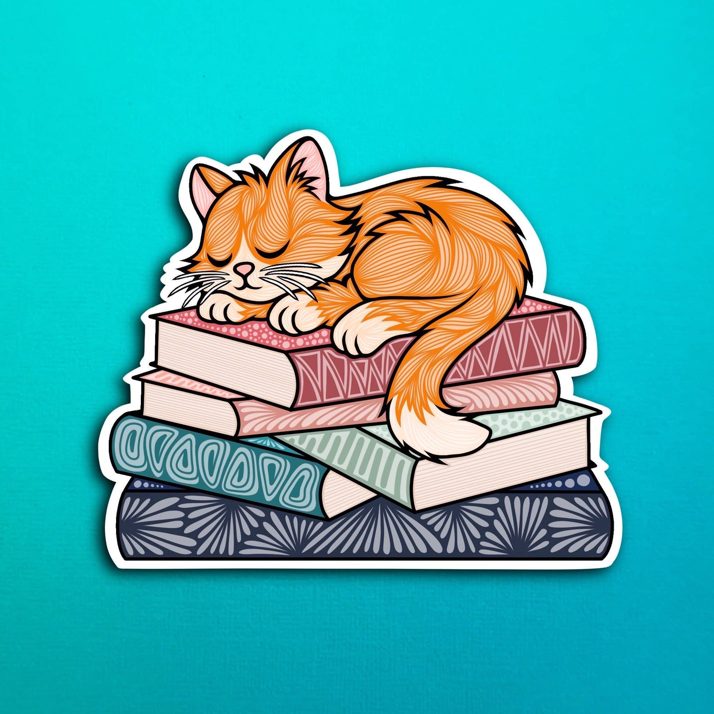 Sleepy Orange Cat Book Waterproof Sticker