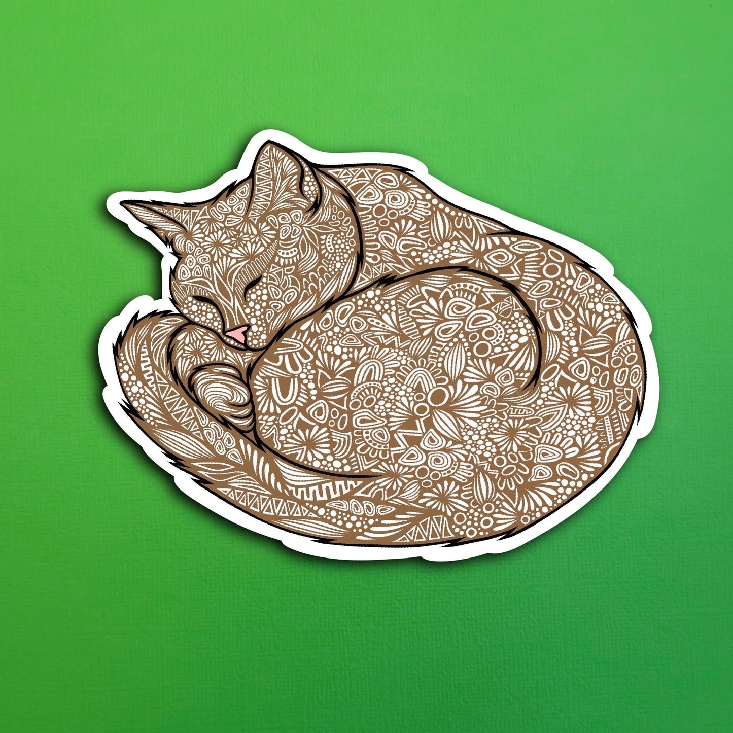 Brown Sleeping Cat Waterproof Sticker