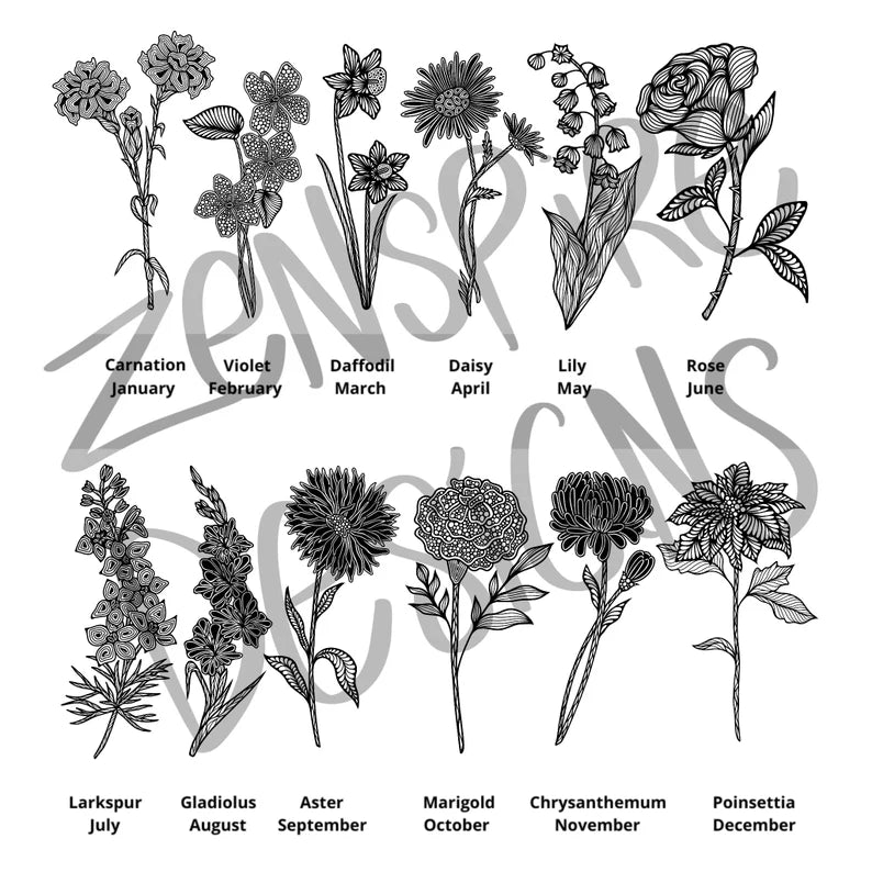 Custom DIGITAL FILE BW Birth Flower - Single or Multiple