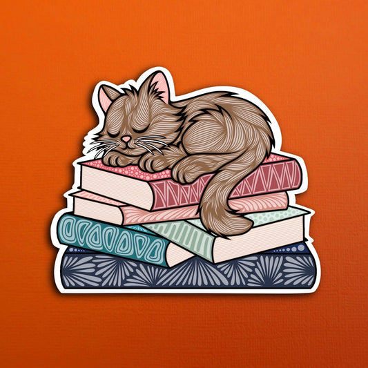 Sleepy Brown Cat Book Waterproof Sticker