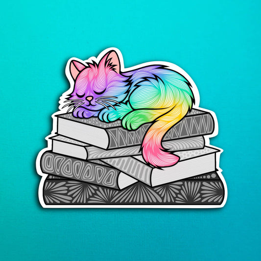 Sleepy Rainbow Cat Book Waterproof Sticker