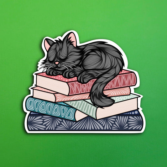 Sleepy Black Cat Book Waterproof Sticker