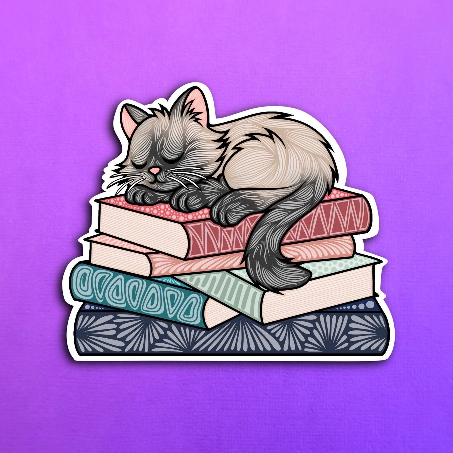 Sleepy Tan and Gray Siamese Cat Book Waterproof Sticker