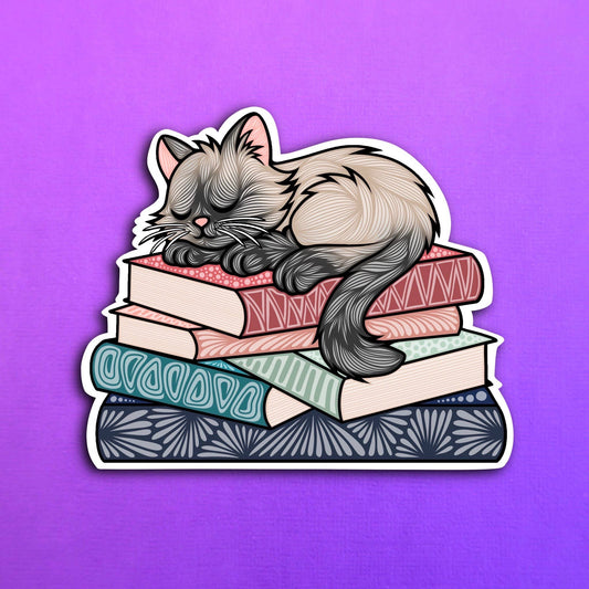 Sleepy Tan and Gray Siamese Cat Book Waterproof Sticker