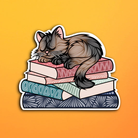 Sleepy Brown and black Cat Book Waterproof Sticker