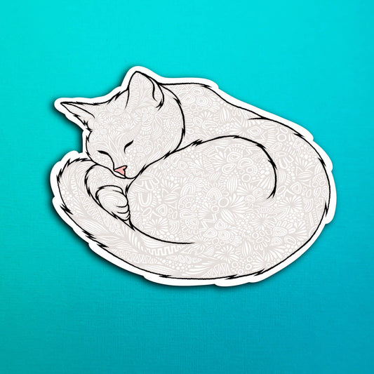 White Sleeping Cat Waterproof Sticker