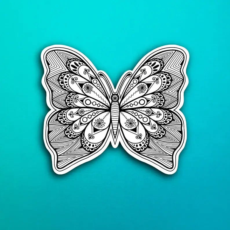 B&W Floral Butterfly Waterproof Sticker