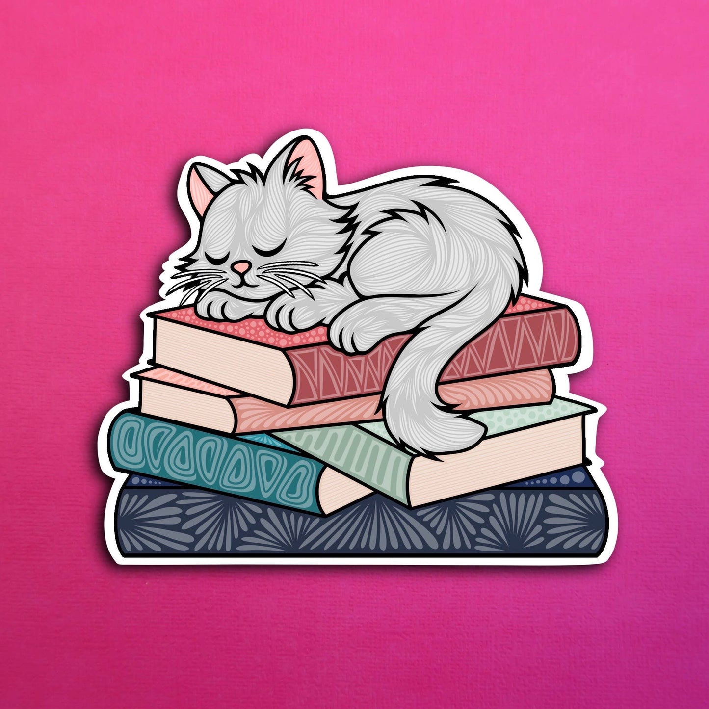 Sleepy White Cat Book Waterproof Sticker