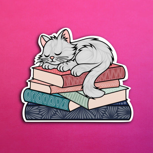 Sleepy White Cat Book Waterproof Sticker