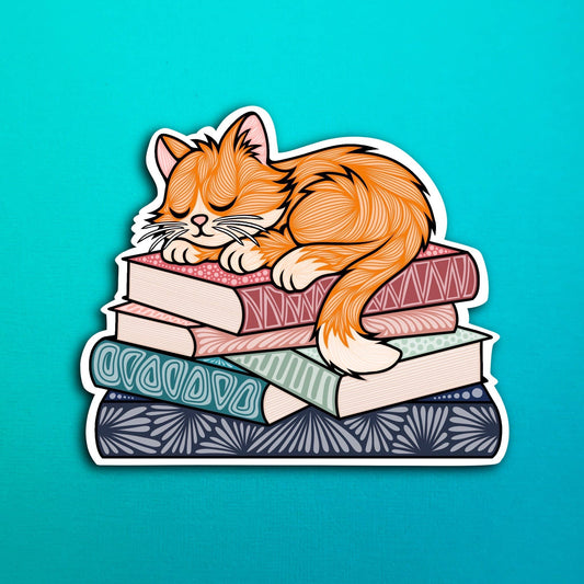 Sleepy Orange Cat Book Waterproof Sticker