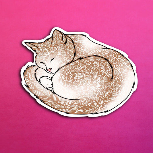 Brown and White Sleeping Cat Waterproof Sticker