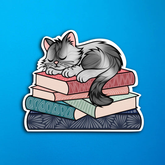Sleepy Gray and Black Cat Book Waterproof Sticker