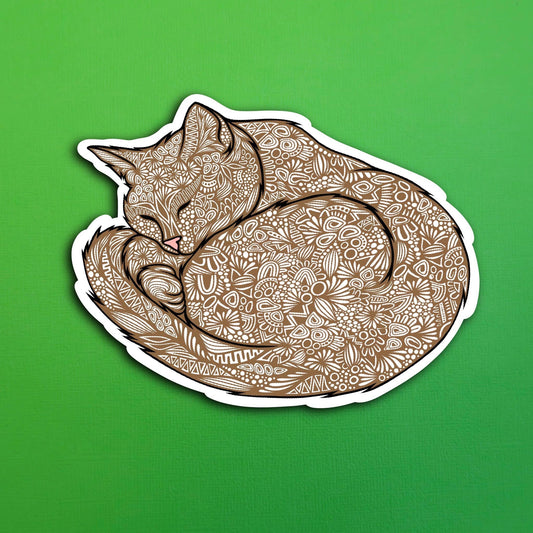 Brown Sleeping Cat Waterproof Sticker