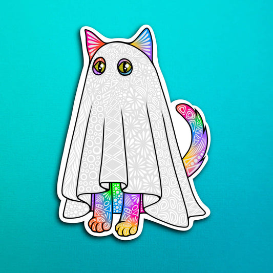 Rainbow Ghost Cat Waterproof Sticker
