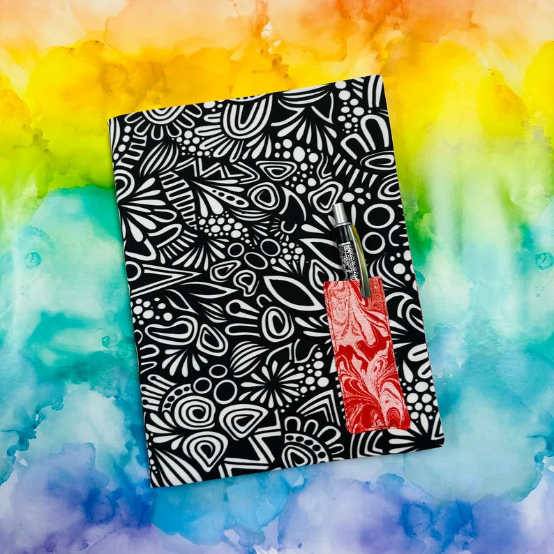 Red Black and White Doodle Fabric Covered Notebook & Pen (red 1)