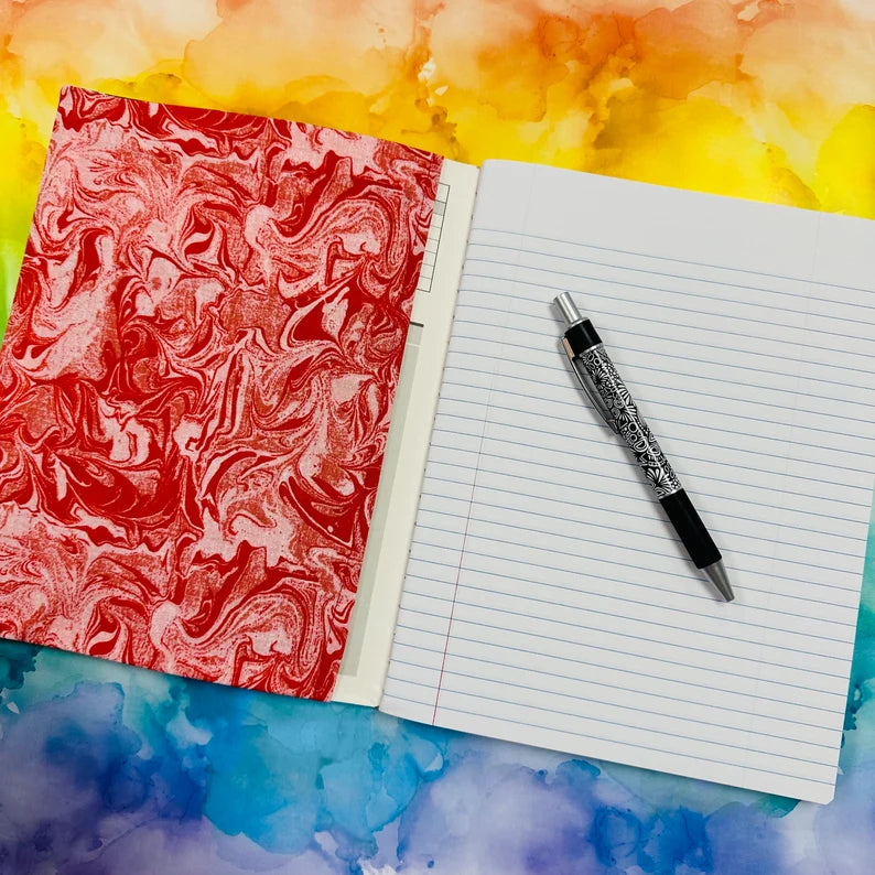 Red Black and White Doodle Fabric Covered Notebook & Pen (red 1)
