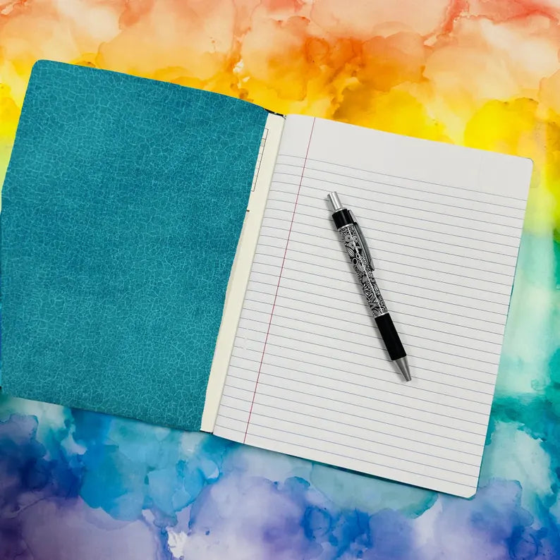 Teal Black and White Doodle Fabric Covered Notebook & Pen (teal 1)