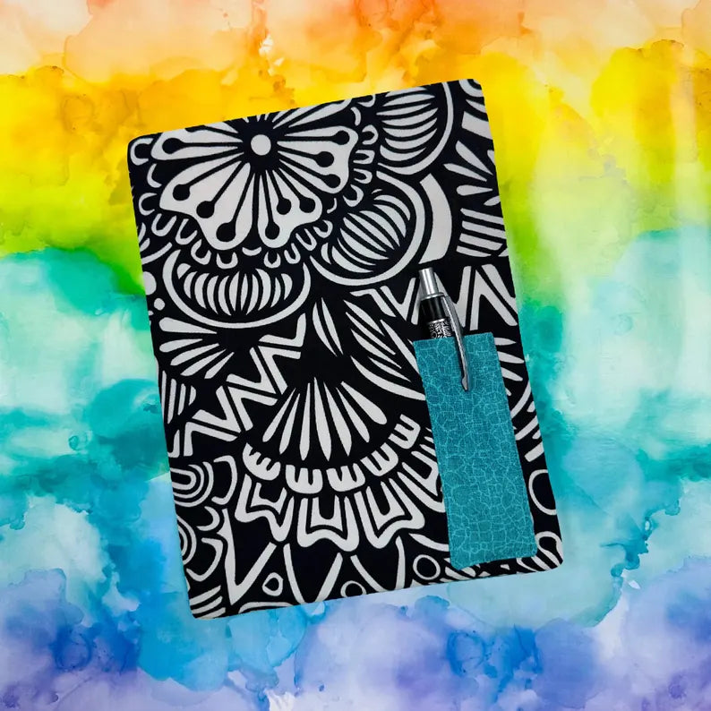 Teal Black and White Doodle Fabric Covered Notebook & Pen (teal 1)